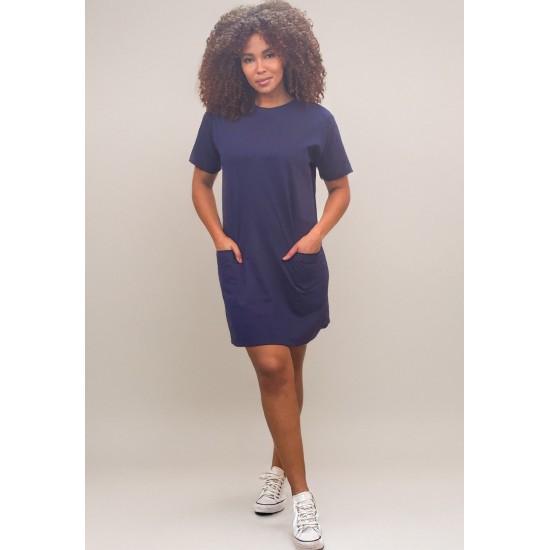 Vestido Curto Algodão Manga Curta 02 Bolsos Azul Marinho
