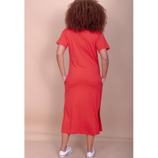 Vestido Midi Algodão Manga Curta Moda Evangélica Vermelho