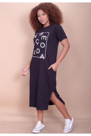 Vestido Midi Algodão Manga Curta Moda Evangélica Preto