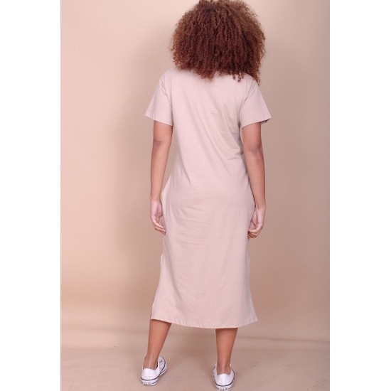 Vestido Midi Algodão Manga Curta Moda Evangélica Bege