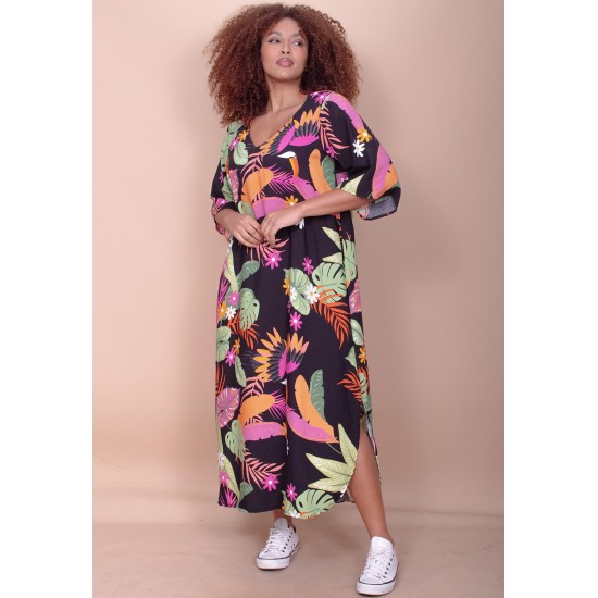 Vestido Midi Abapã Plano com Bolso Estampa Noite Botânica