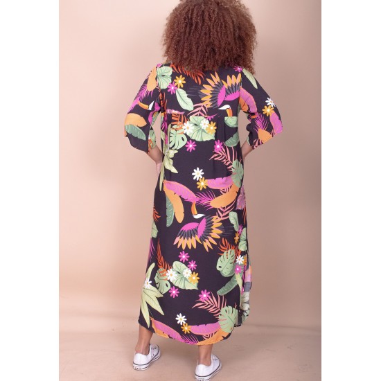 Vestido Midi Abapã Plano com Bolso Estampa Noite Botânica