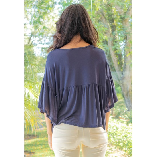 Blusa Bata Fulô Babado Malha Azul