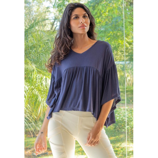 Blusa Bata Fulô Babado Malha Azul