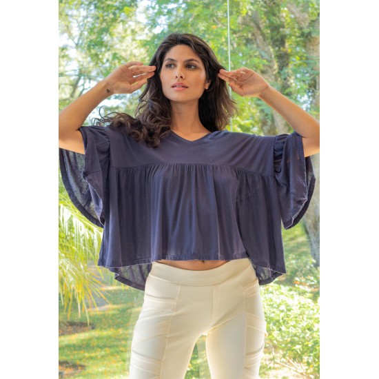 Blusa Bata Fulô Babado Malha Azul