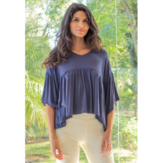 Blusa Bata Fulô Babado Malha Azul