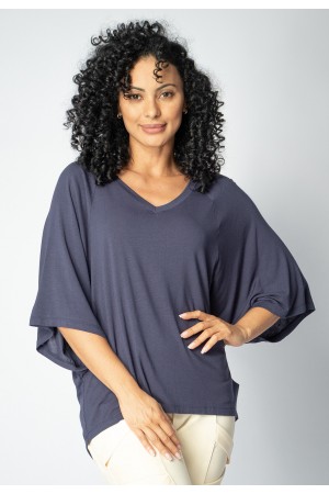 Blusa Ampla Morcego Guyrá Manga 3/4 Malha Azul Marinho