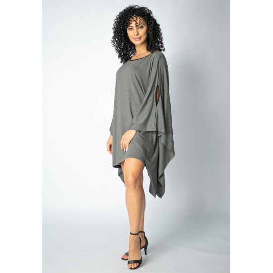 Vestido Kaftan Malha Glória Curto Mescla e Detalhe Preto