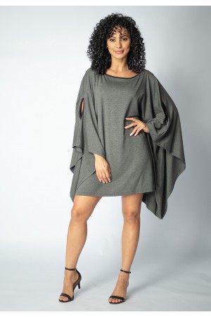Vestido Kaftan Malha Glória Curto Mescla e Detalhe Preto
