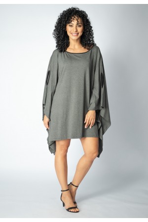 Vestido Kaftan Malha Glória Curto Mescla e Detalhe Preto