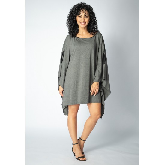 Vestido Kaftan Malha Glória Curto Mescla e Detalhe Preto