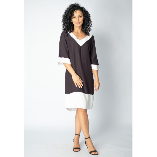 Vestido Curto Inaiê Viscose Amplo Bicolor Preto e Branco