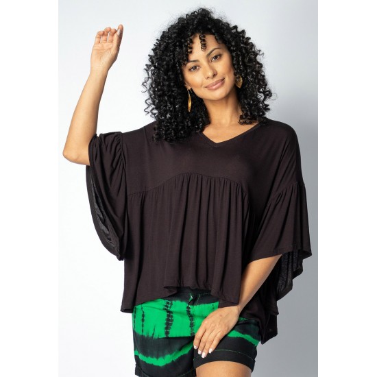 Blusa Bata Fulô Babado Malha Preta