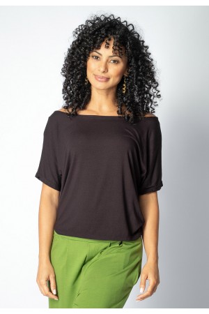 Blusa Básica Morcego Malha Gola Canoa Manga Curta Preto