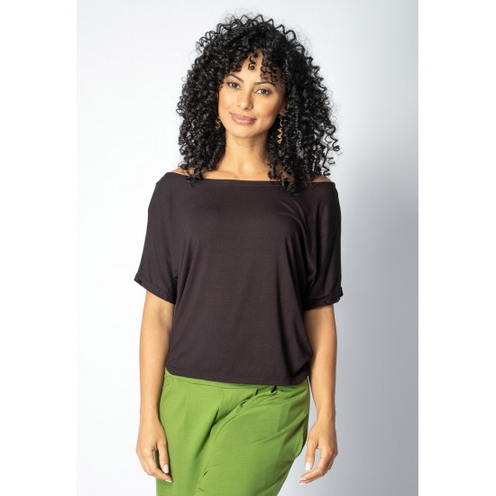 Blusa Básica Morcego Malha Gola Canoa Manga Curta Preto