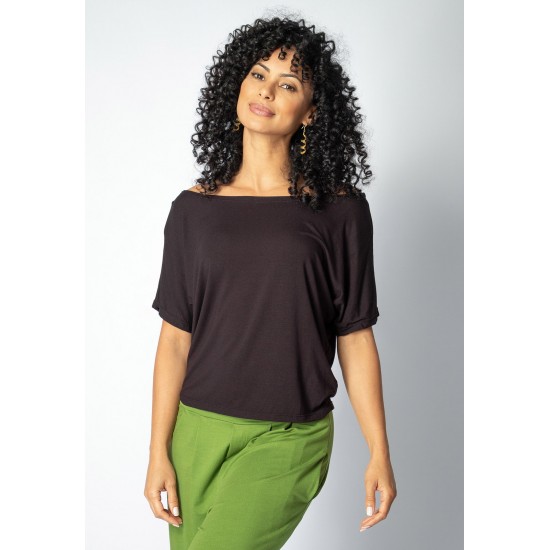 Blusa Básica Morcego Malha Gola Canoa Manga Curta Preto