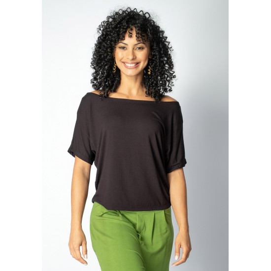 Blusa Básica Morcego Malha Gola Canoa Manga Curta Preto