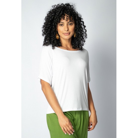 Blusa Básica Morcego Malha Gola Canoa Manga Curta Branca
