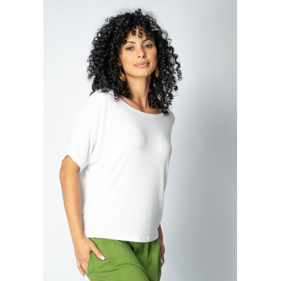 Blusa Básica Morcego Malha Gola Canoa Manga Curta Branca