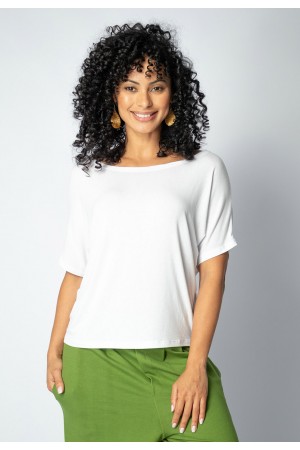 Blusa Básica Morcego Malha Gola Canoa Manga Curta Branca
