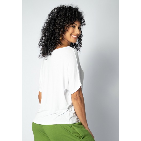 Blusa Básica Morcego Malha Gola Canoa Manga Curta Branca