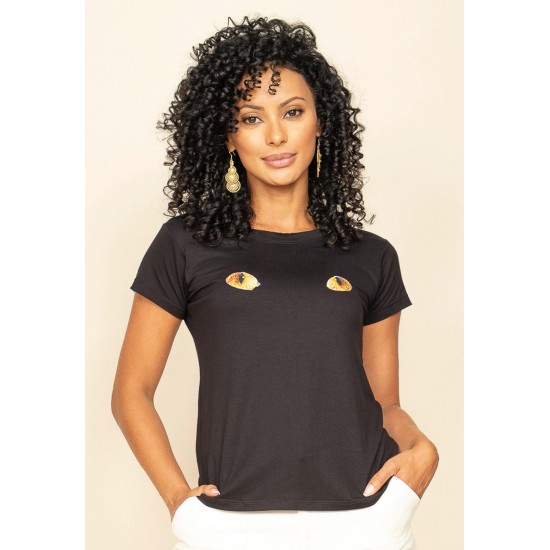 T-Shirt Baby Malha Manga Curta Corte a Fio Preta Olhos de Gato