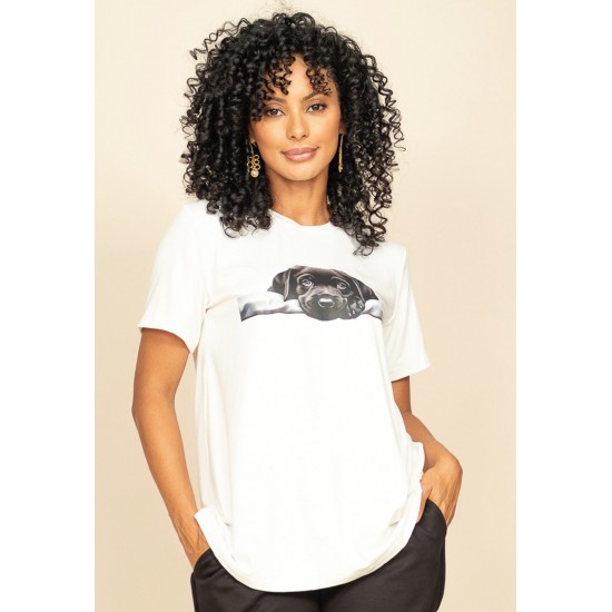 T- shirt Básica Bata Manga Curta Off White Cãozinho