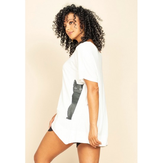 T-Shirt Ampla Malha Manga Curta Off White Gato Lateral