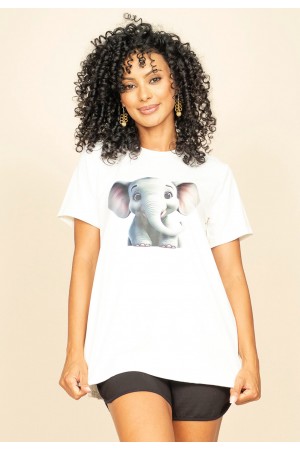 T- shirt Básica Bata Manga Curta Off White Elefante Fofo