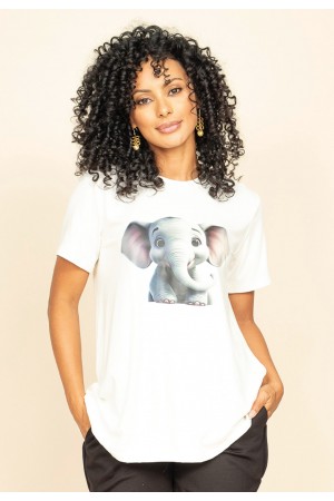 T- shirt Básica Bata Manga Curta Off White Elefante Fofo