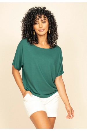 Blusa Básica Morcego Malha Gola Canoa Manga Curta Verde Jade
