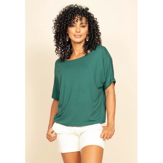 Blusa Básica Morcego Malha Gola Canoa Manga Curta Verde Jade