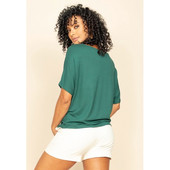 Blusa Básica Morcego Malha Gola Canoa Manga Curta Verde Jade