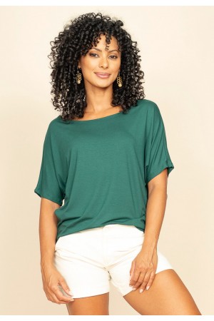 Blusa Básica Morcego Malha Gola Canoa Manga Curta Verde Jade