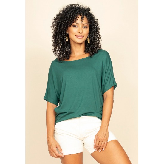 Blusa Básica Morcego Malha Gola Canoa Manga Curta Verde Jade