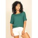 Blusa Básica Morcego Malha Gola Canoa Manga Curta Verde Jade