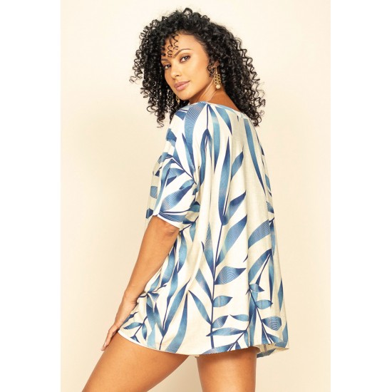 Blusa Ampla Malha Morcego Manga Curta Bambu Azul