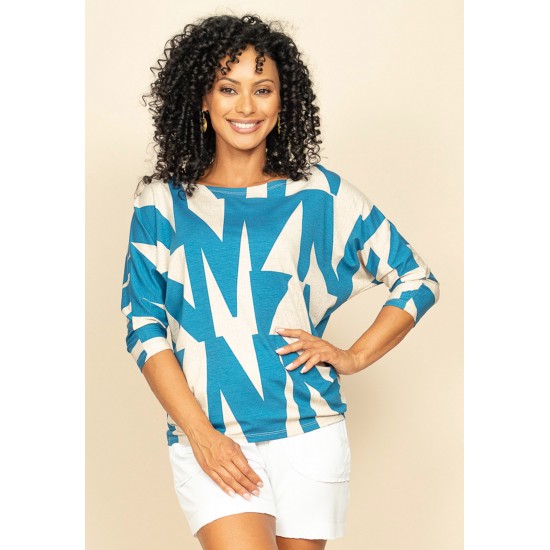 Blusa Morcego Ampla Manga 3/4 Estampa Geométrica Blue