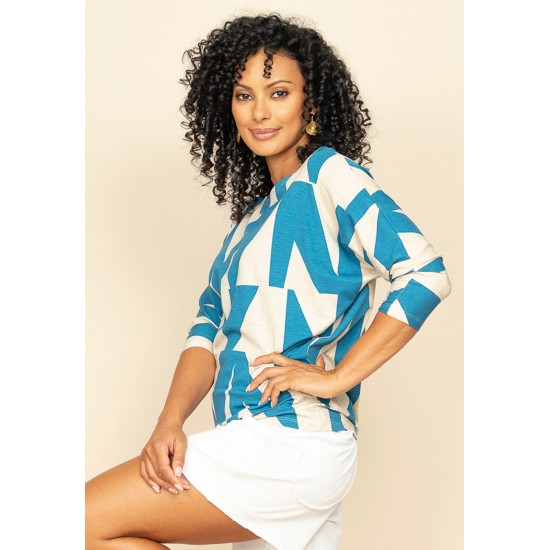 Blusa Morcego Ampla Manga 3/4 Estampa Geométrica Blue