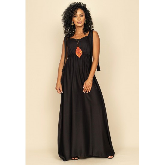 Vestido Longo Apioba Viscose com Amarração no Ombro Preto