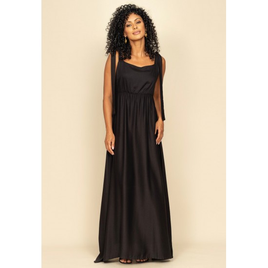Vestido Longo Apioba Viscose com Amarração no Ombro Preto