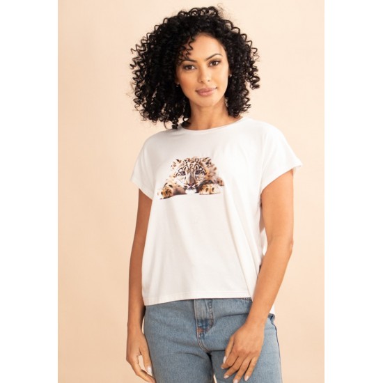 T- shirt De Malha Gola Canoa Manga Curta Off White Oncinha 