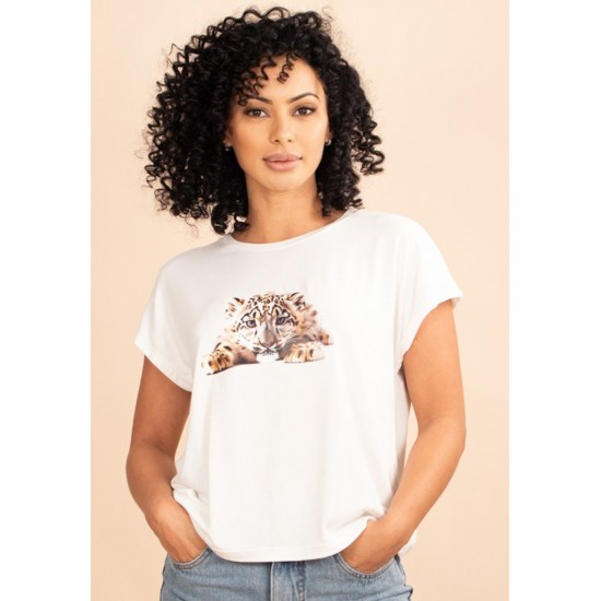 T- shirt De Malha Gola Canoa Manga Curta Off White Oncinha 
