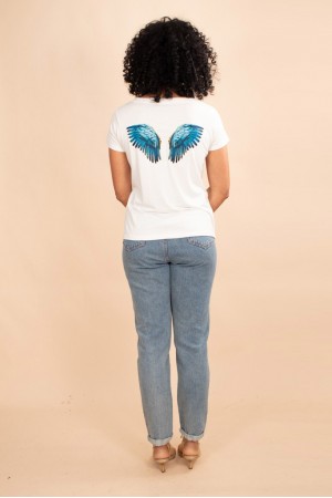 T-Shirt Malha Off White Asa em Joia Arara Azul