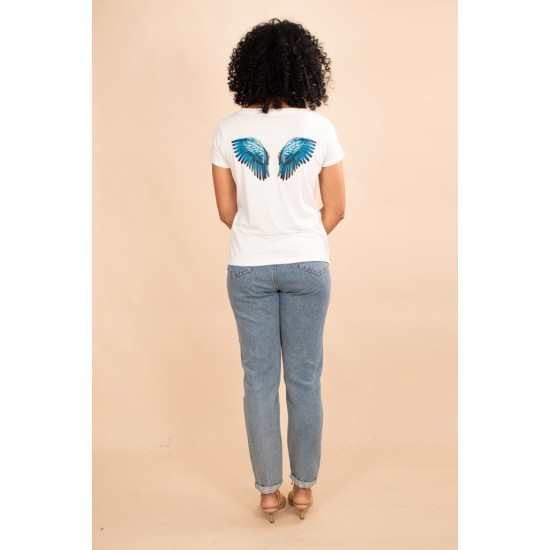T-Shirt Malha Off White Asa em Joia Arara Azul