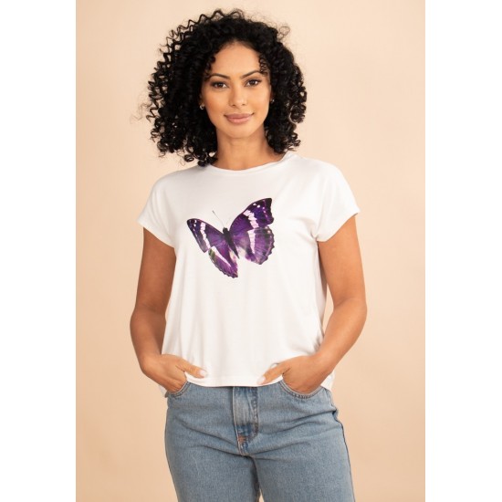 T-Shirt  Malha Off White Borboleta