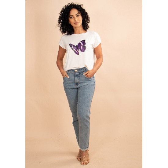 T-Shirt  Malha Off White Borboleta
