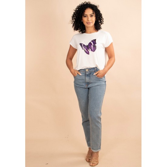 T-Shirt  Malha Off White Borboleta
