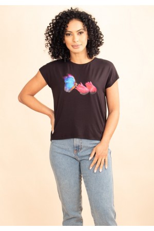 T- shirt De Malha Gola Canoa Manga Curta Preto Borboleta azul 