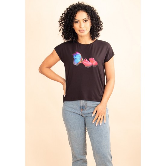 T- shirt De Malha Gola Canoa Manga Curta Preto Borboleta azul 